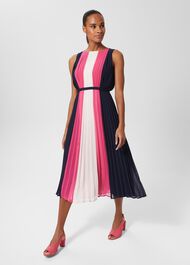 Claudia Pleated Fit And Flare Dress, Navy Pink Multi, hi-res