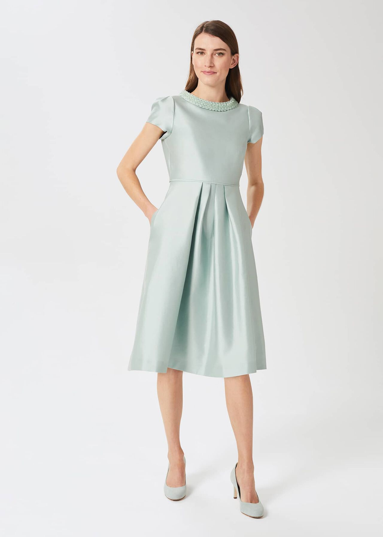 Jocelyn Silk Blend Fit And Flare Dress, Sage Green, hi-res