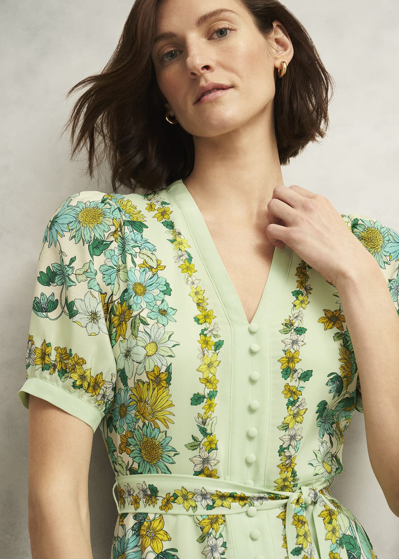 Ince Silk V Neck Floral Dress, Green Multi, hi-res