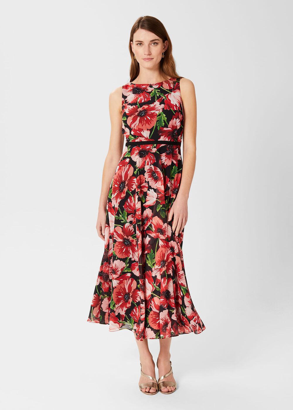 Carly Floral Midi Dress, Red Multi, hi-res