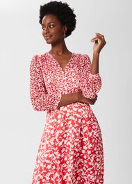 Rosie Floral V Neck Dress, Rasp Red Ivory, hi-res