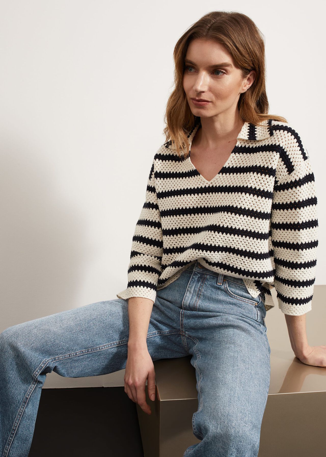 Prue Cotton Textured Jumper, Ivory Navy, hi-res