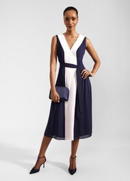 Lila Pleated Midi Dress, Navy Pale Pink, hi-res