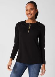 Kelsey Zip Neck Tunic Top , Black, hi-res