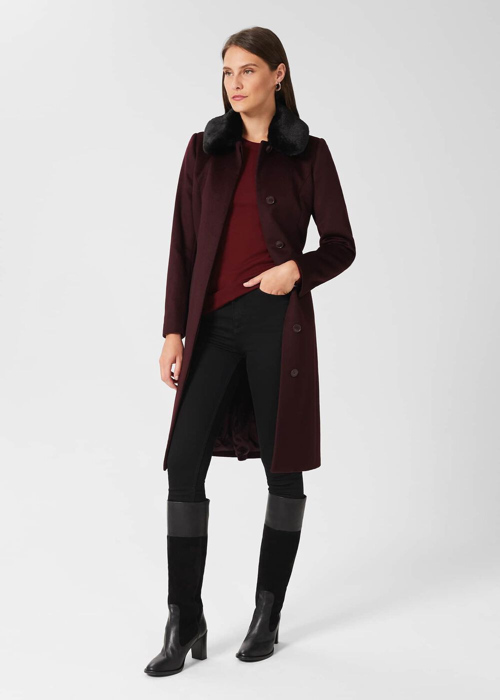 Edeline Wool Coat With Faux Fur Collar, Wine, hi-res