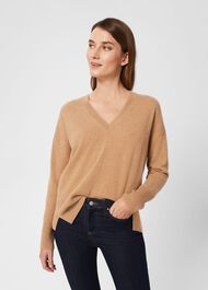 Dahlia V Neck Cashmere Jumper, Camel, hi-res