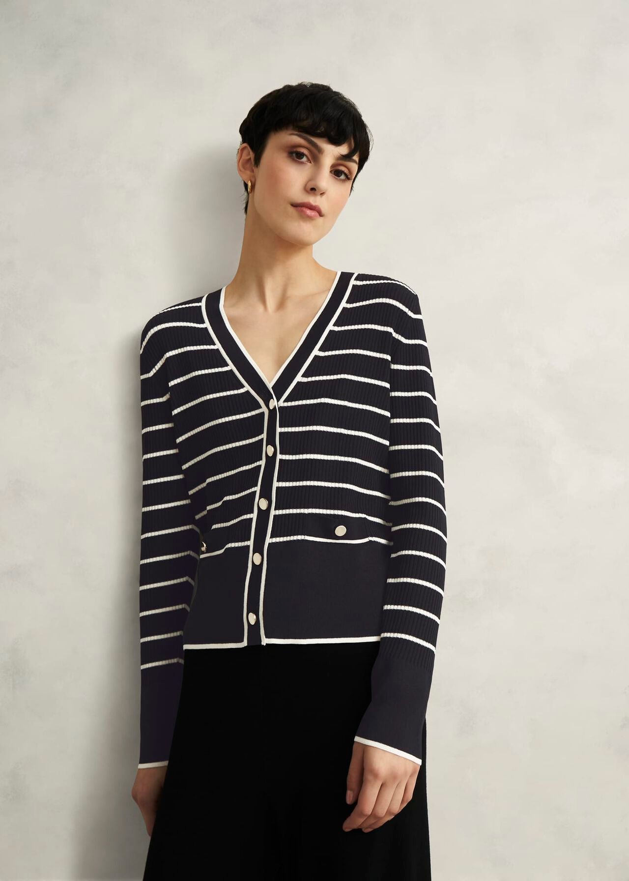 Navy Belmont Striped Knitted V Neck Cardigan, Black Cream, hi-res