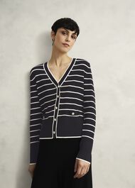 Navy Belmont Striped Knitted V Neck Cardigan, Black Cream, hi-res