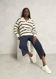 Ivory Beauford Cotton Stripe Polo Knitted Jumper, Cream Navy, hi-res