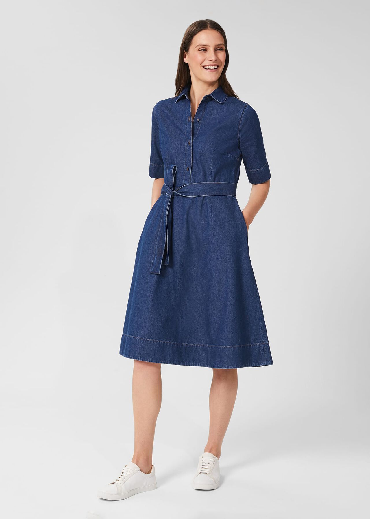 Fern Fit And Flare Denim Dress, Blue, hi-res