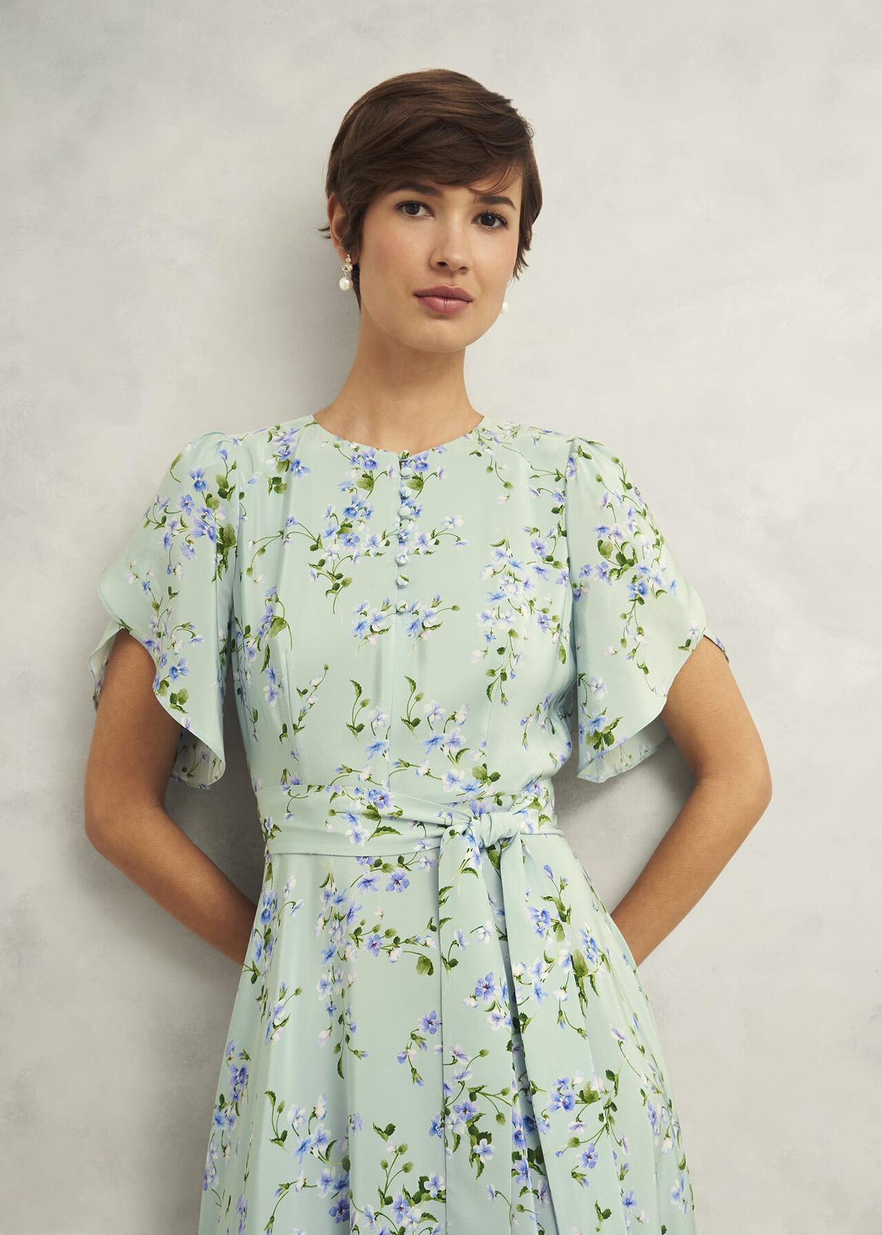 Sophia Silk Belted Dress, Sage Multi, hi-res