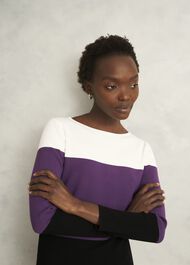 Alice Colour Block Crew Neck Knitted Jumper, Fig Purple, hi-res