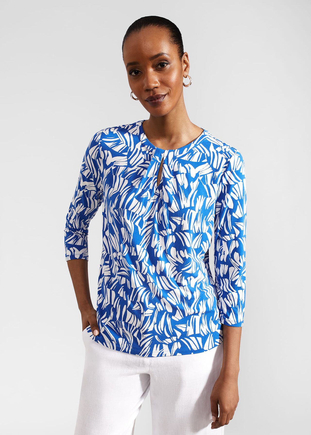 Julia Printed Top, Blue Ivory, hi-res