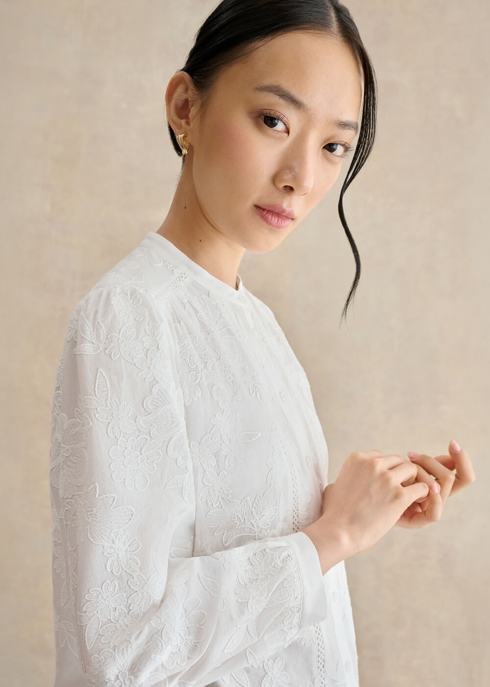 Fallon Cotton Embroidery Blouse, White, hi-res