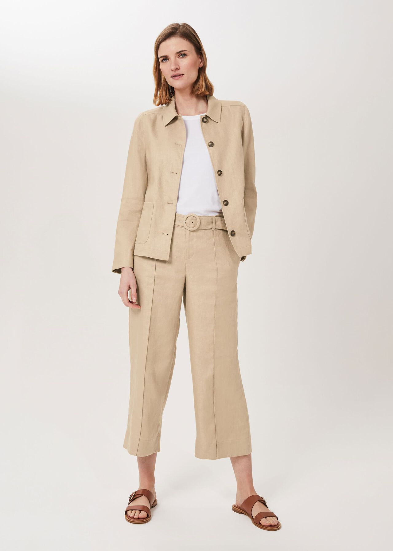 Kiera Linen Belted Trousers, Sand, hi-res