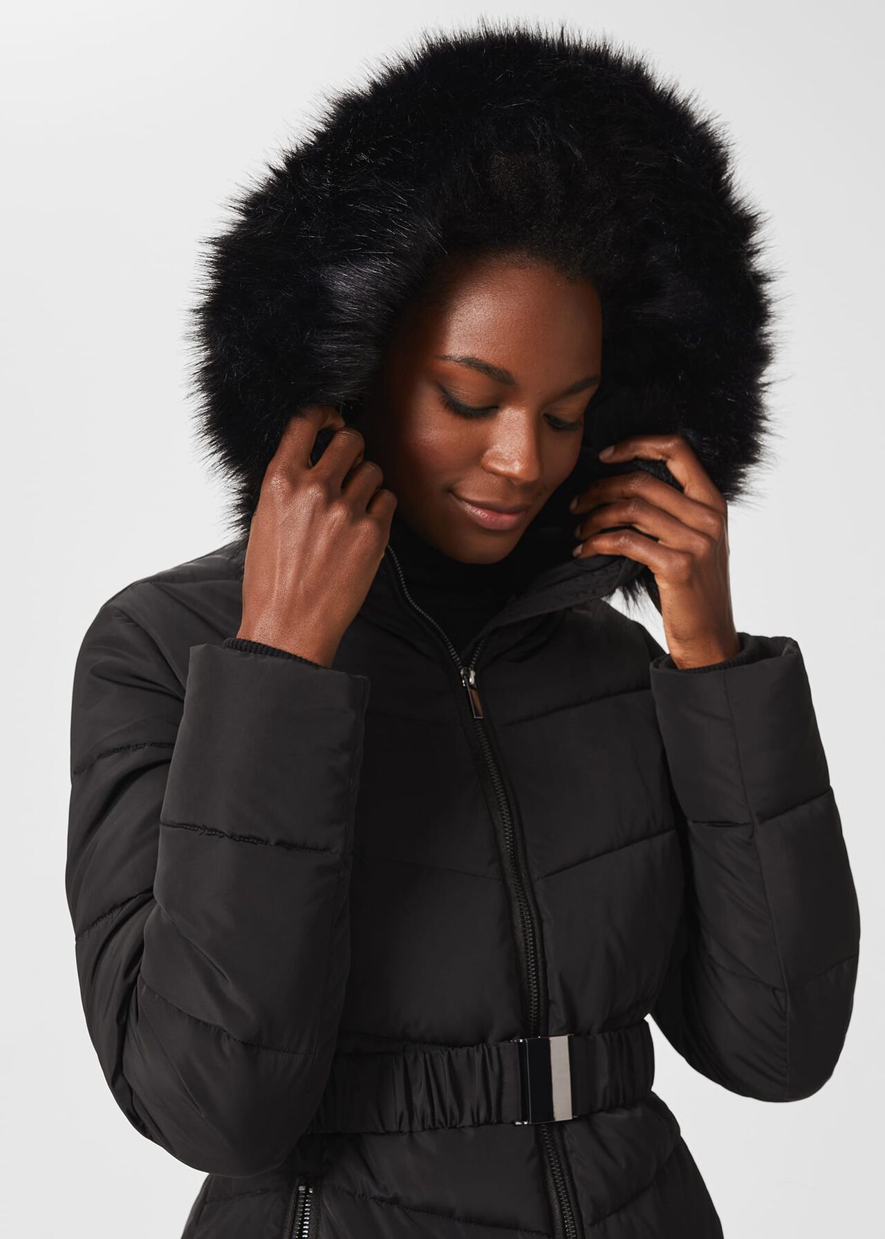 Allie Belted Puffer Jacket, Black, hi-res