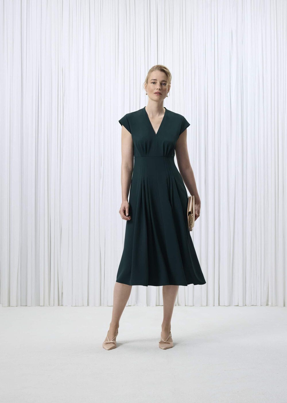 Sophie V Neck Pintuck Dress, Ponderosa Green, hi-res