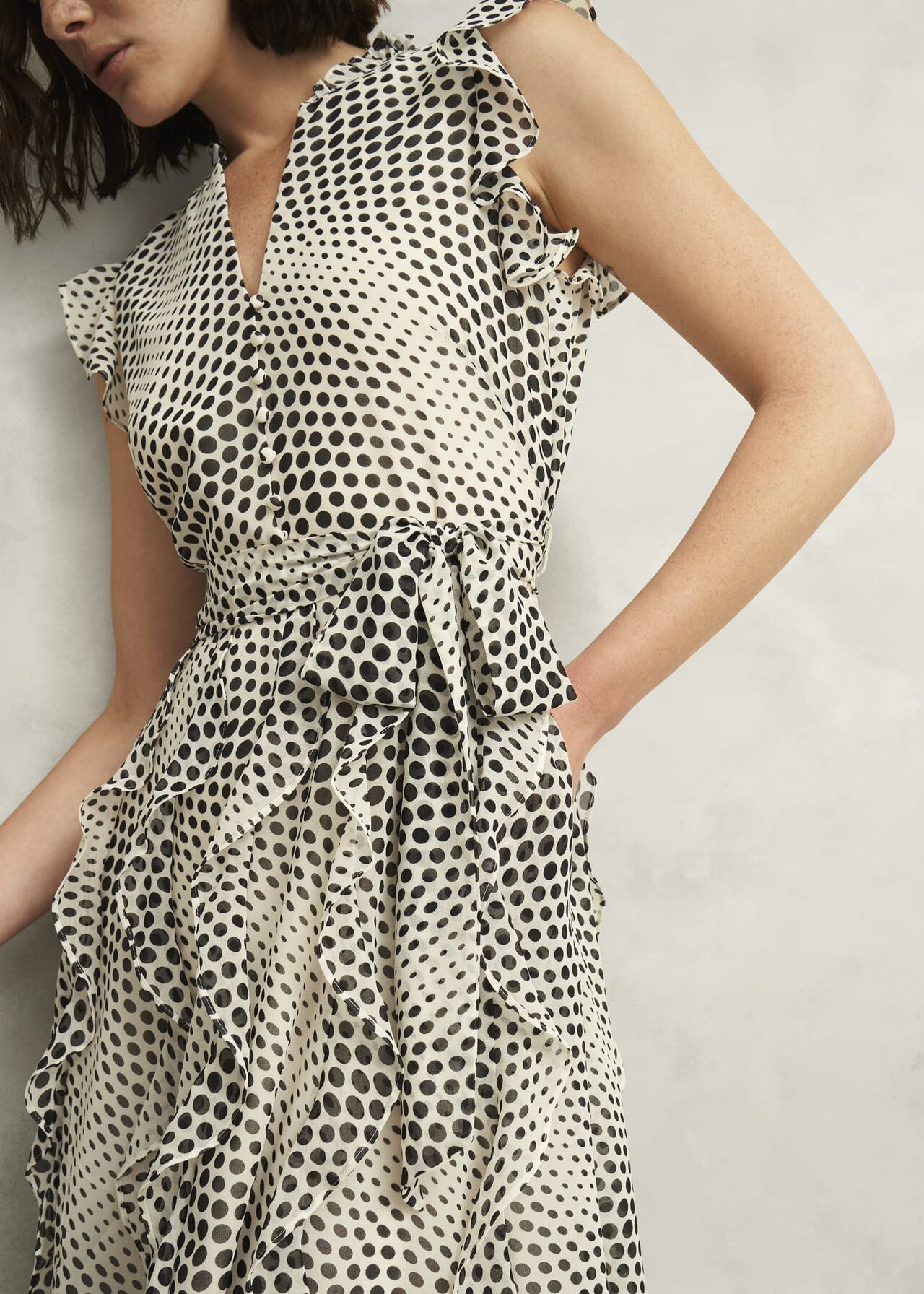 Nina Ruffle Midi Dress, Cream Black, hi-res