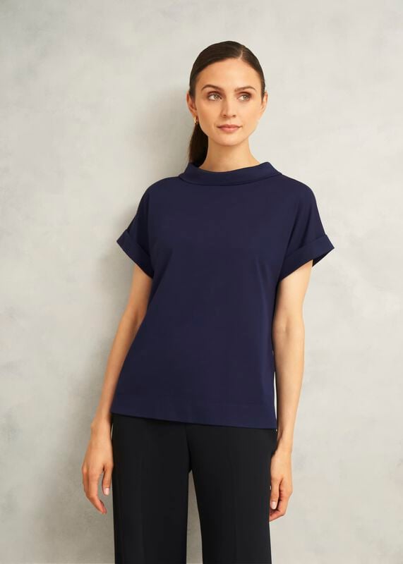 Navy Catriona Cotton Boat Neck Short Sleeve Top