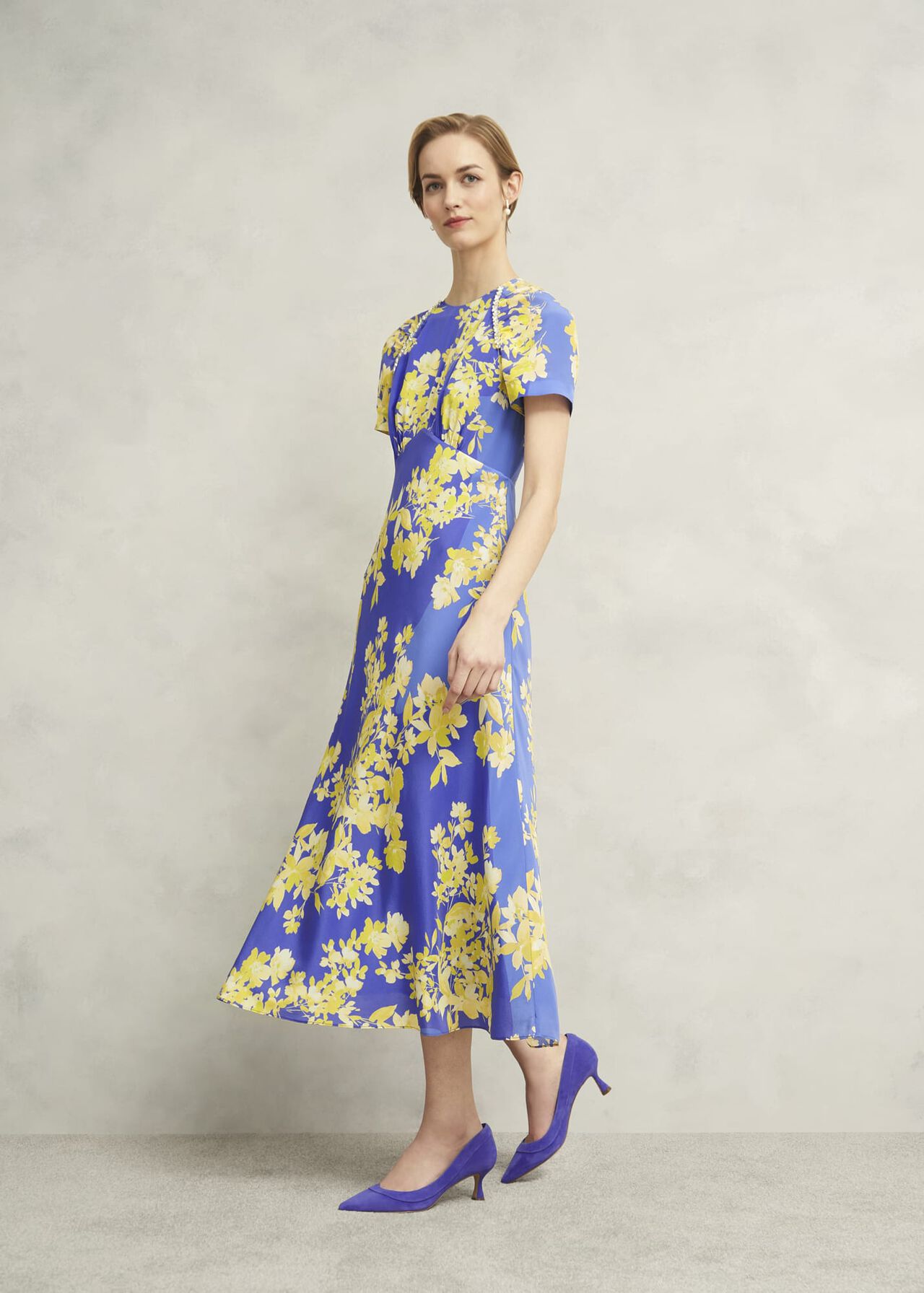 Petite Ann Embellished Silk Dress, Blue Yellow, hi-res