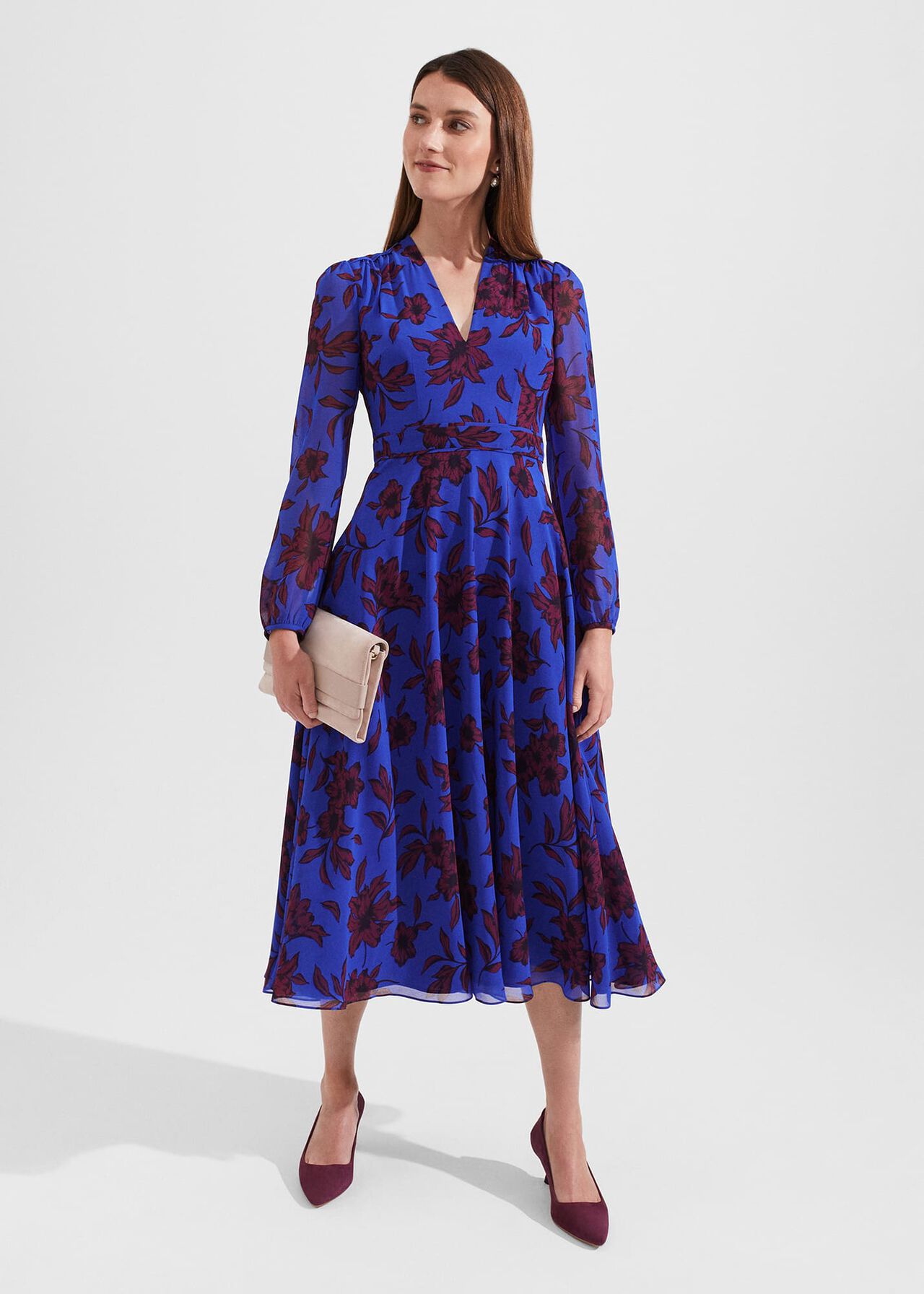 Petite Aurora Fit and Flare Printed Dress, Blue Burgundy, hi-res