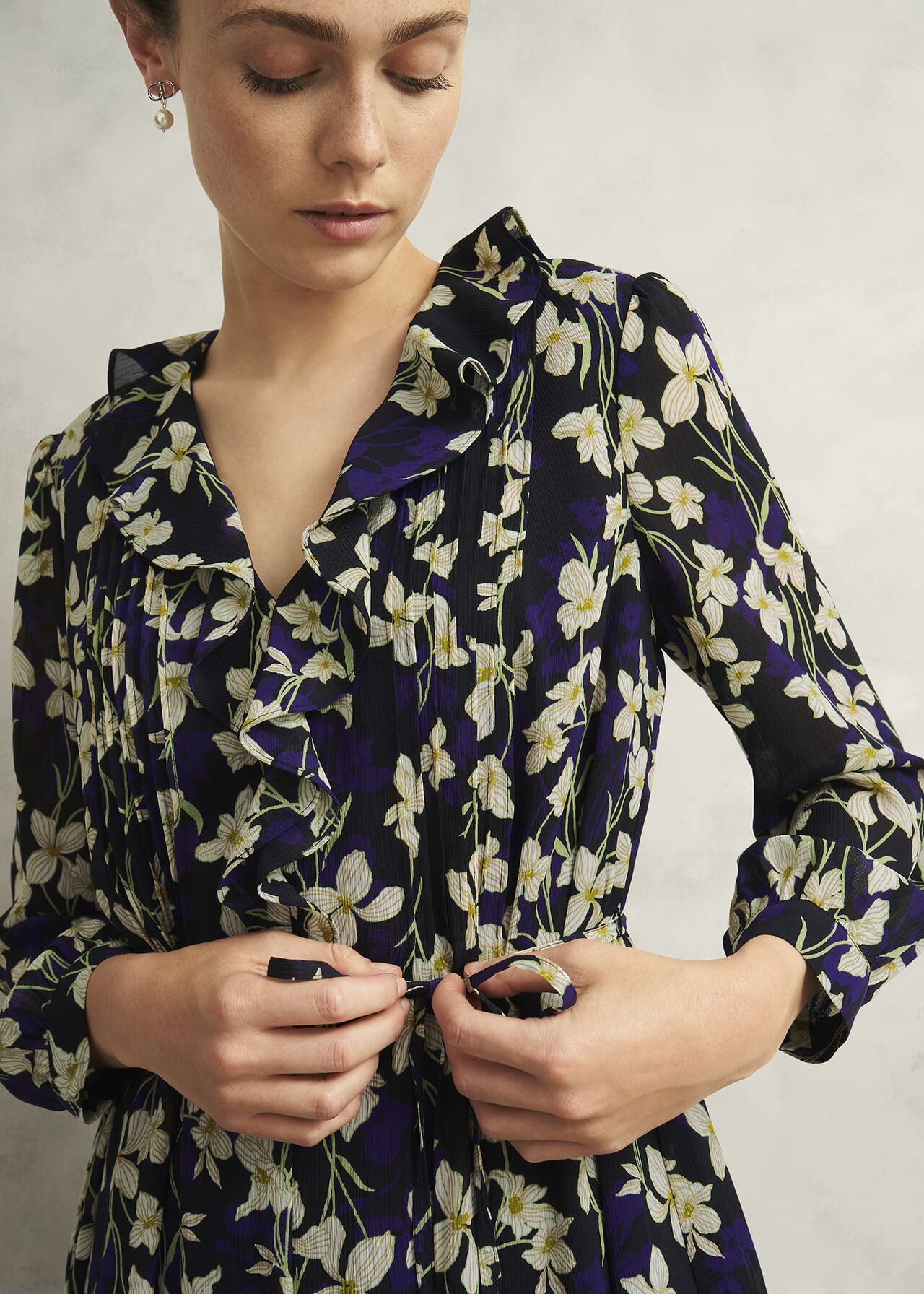 Navy Floral Zoe Dress with Ruffle Neck, Navy Multi, hi-res
