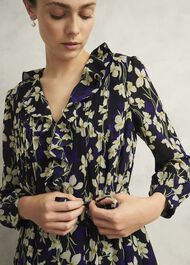 Navy Floral Zoe Dress with Ruffle Neck, Navy Multi, hi-res