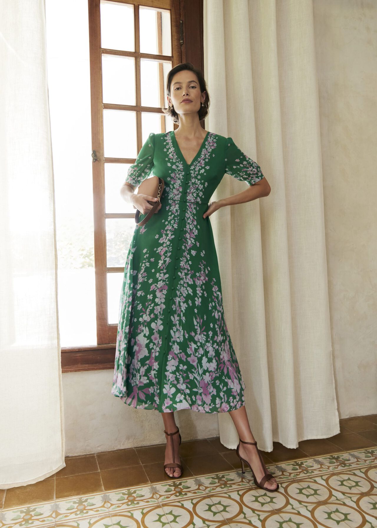 Ana Silk Floral Dress, Green Pink, hi-res