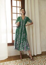 Ana Silk Floral Dress, Green Pink, hi-res
