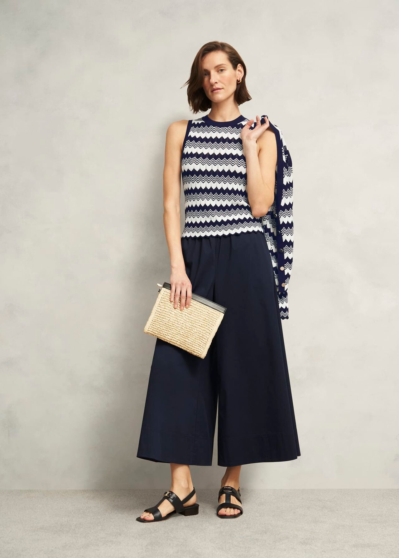Navy Osterley Chevron Stripe V Neck Knitted Cardigan, Navy Ivory, hi-res