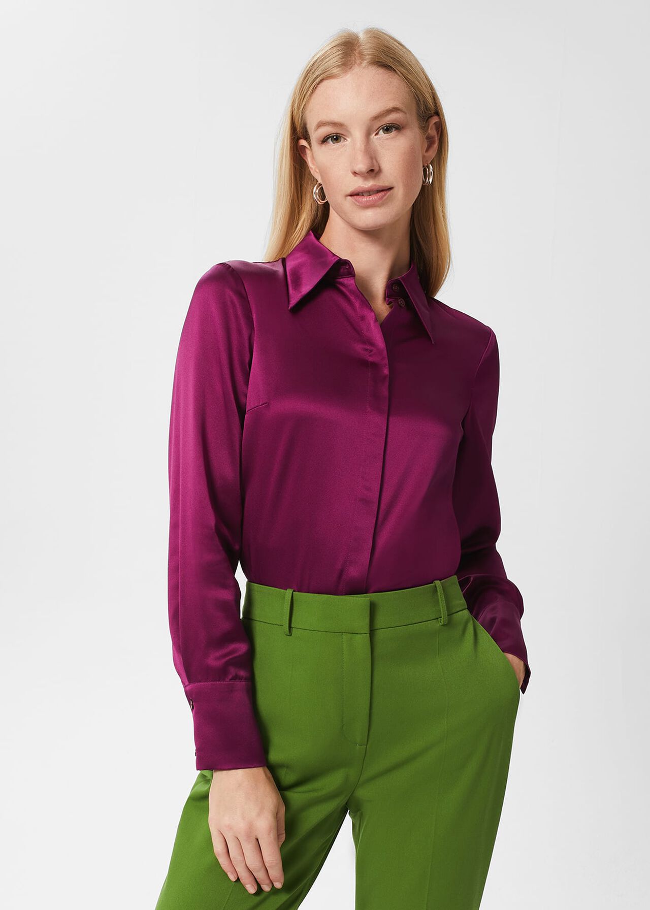 Eva Silk Fitted Shirt, Bright Plum, hi-res