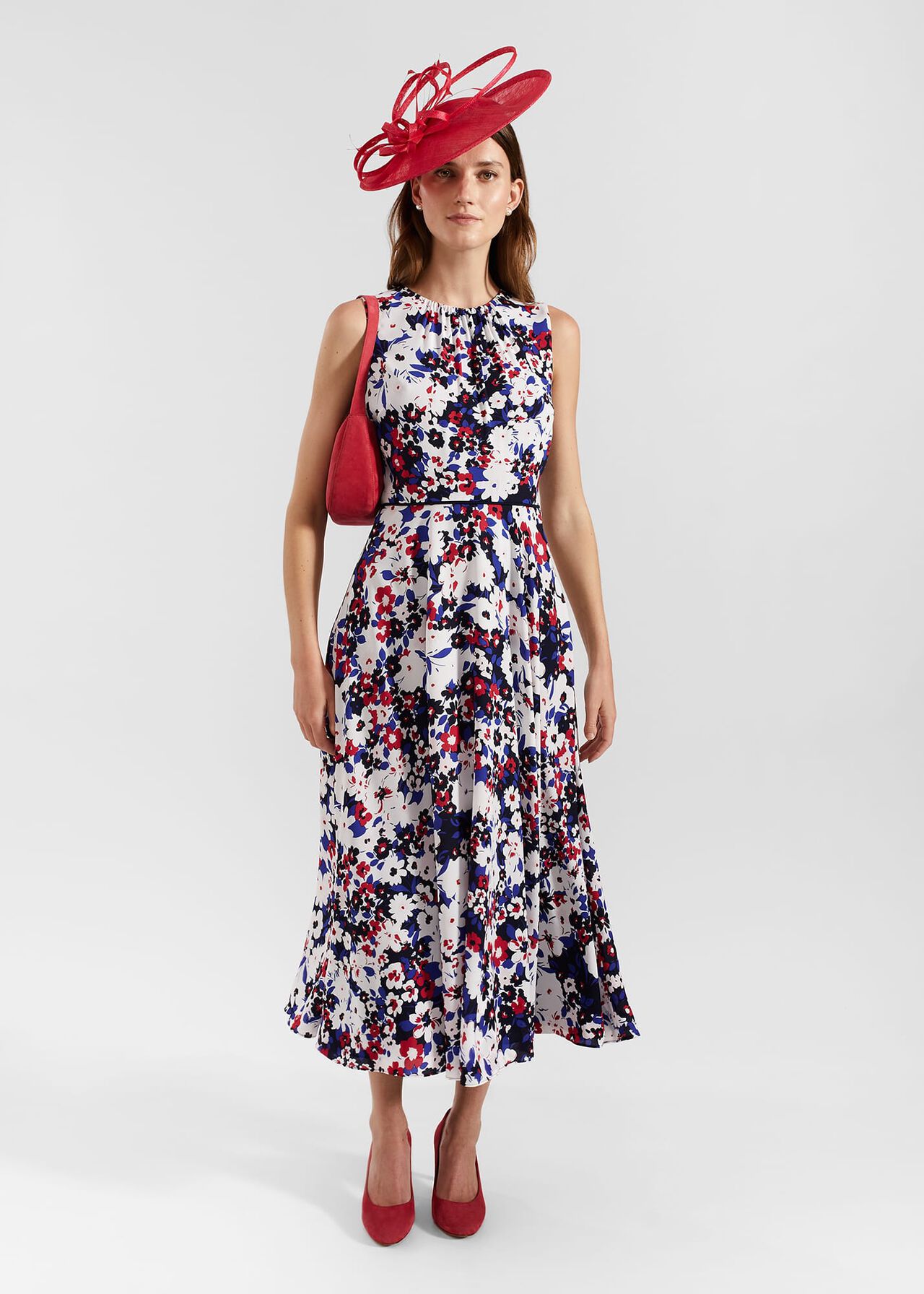 Carly Gathered Neck Floral Dress, Navy Pink Multi, hi-res