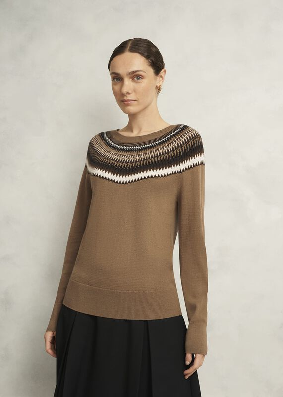 Camel Greta Wool Blend Fairisle Crew Neck Knitted Sweater