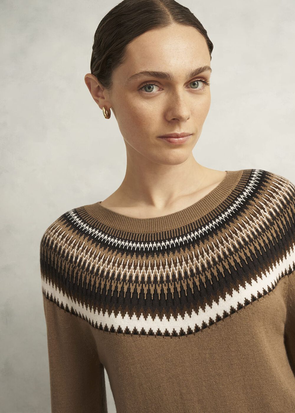 Camel Greta Wool Blend Fairisle Crew Neck Knitted Sweater, Camel Marl, hi-res