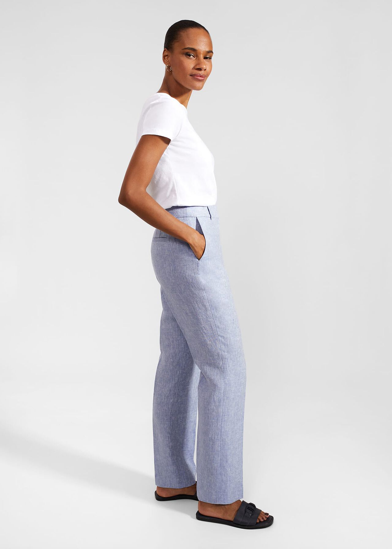 Adina Straight Linen Pants, Blue Ivory, hi-res