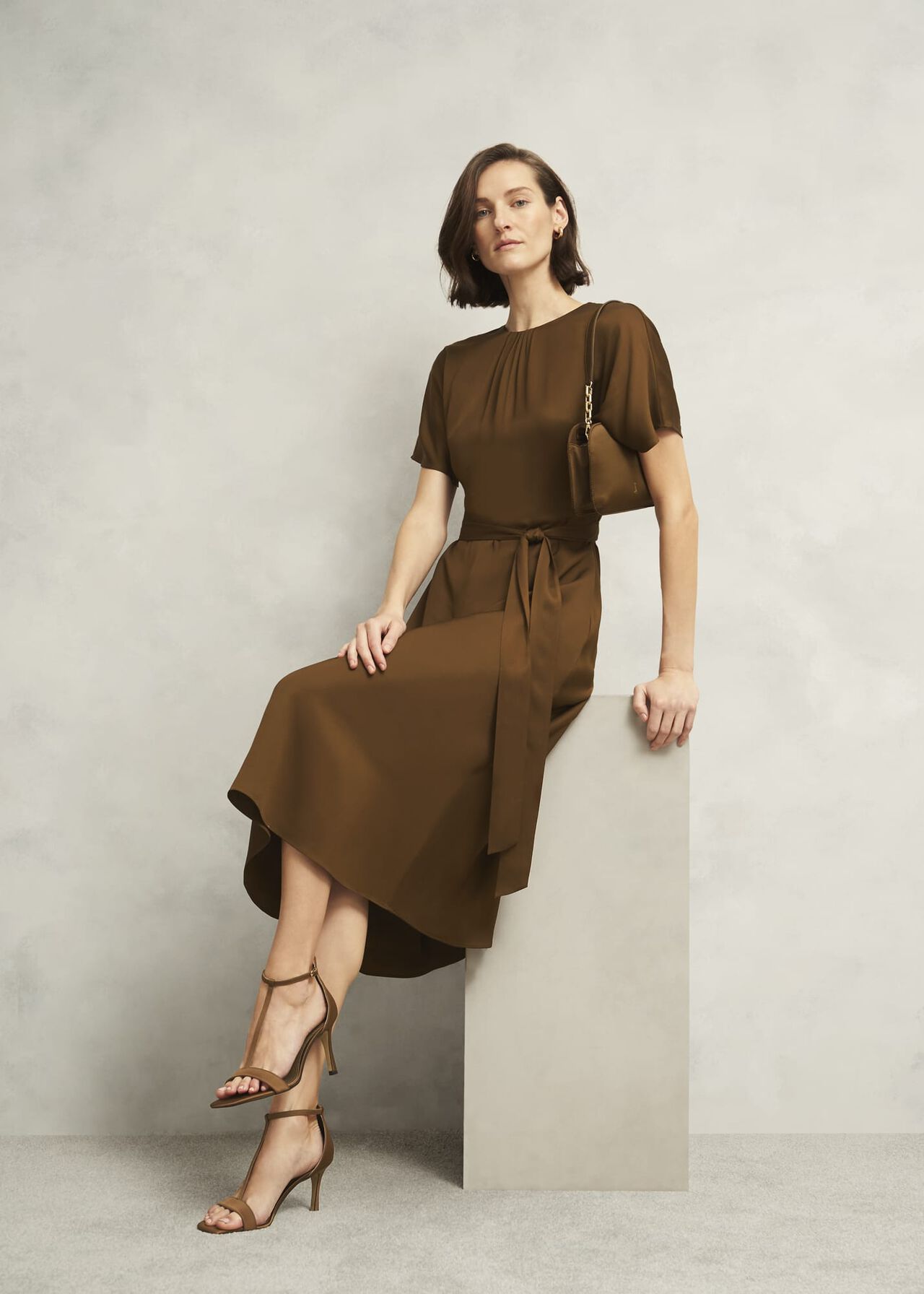 Darracott Tie Waist Midi Dress, Medlar Brown, hi-res