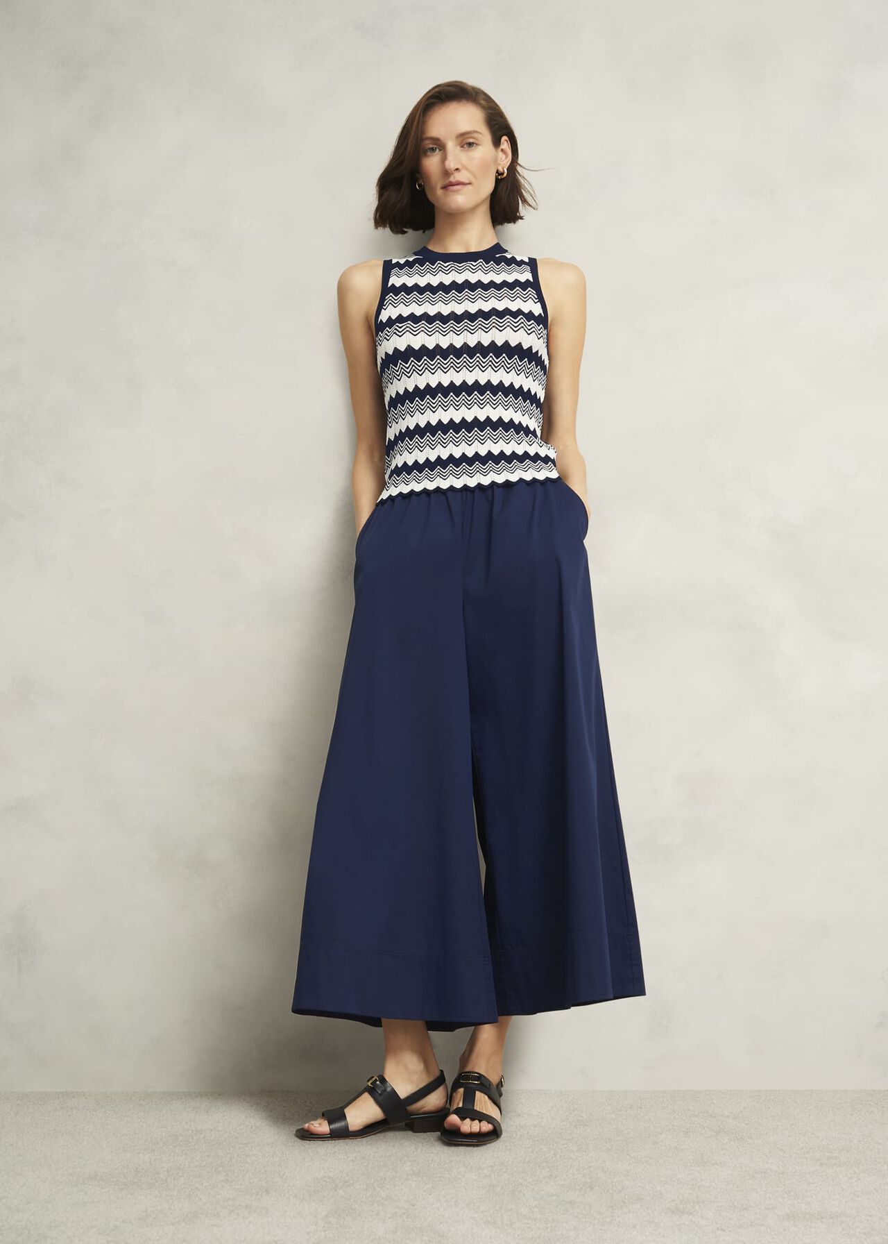 Navy Osterley Chevron Striped Knitted Vest Top, Navy Ivory, hi-res