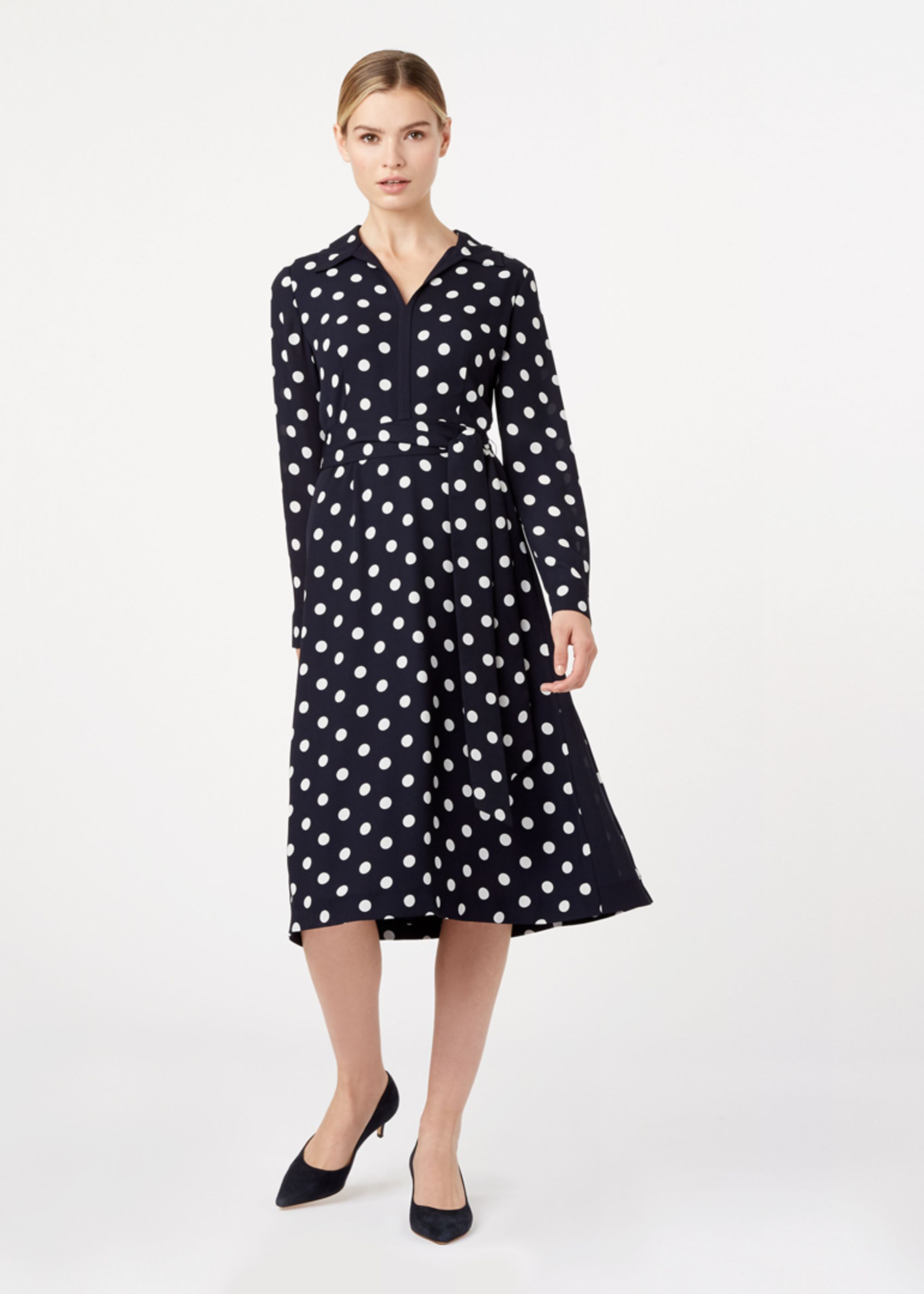 hobbs navy and white spot dress