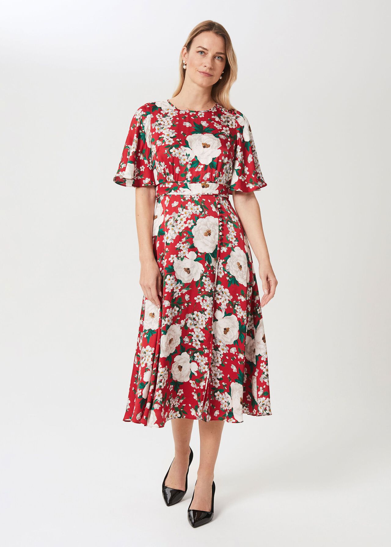 Bella Floral Print Satin Dress, Red Multi, hi-res