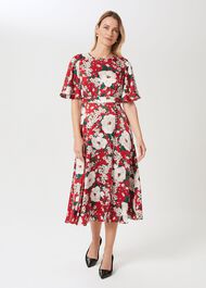 Bella Floral Print Satin Dress, Red Multi, hi-res