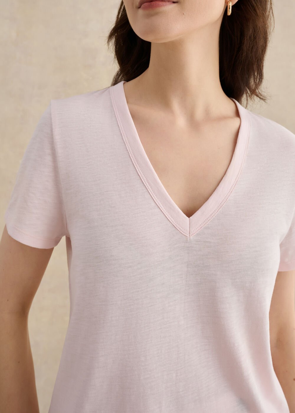 Arianna Cotton Slub V Neck T-Shirt, Pale Pink, hi-res