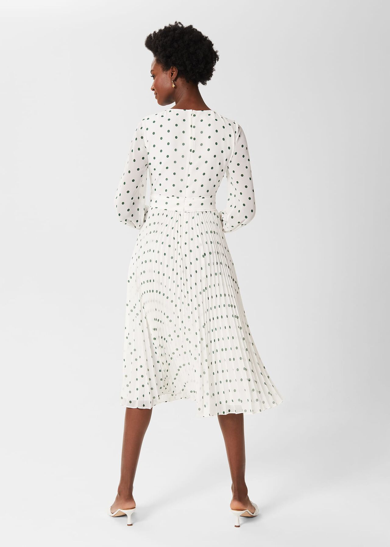 Selena Spot Pleated Dress, Ivory Green, hi-res
