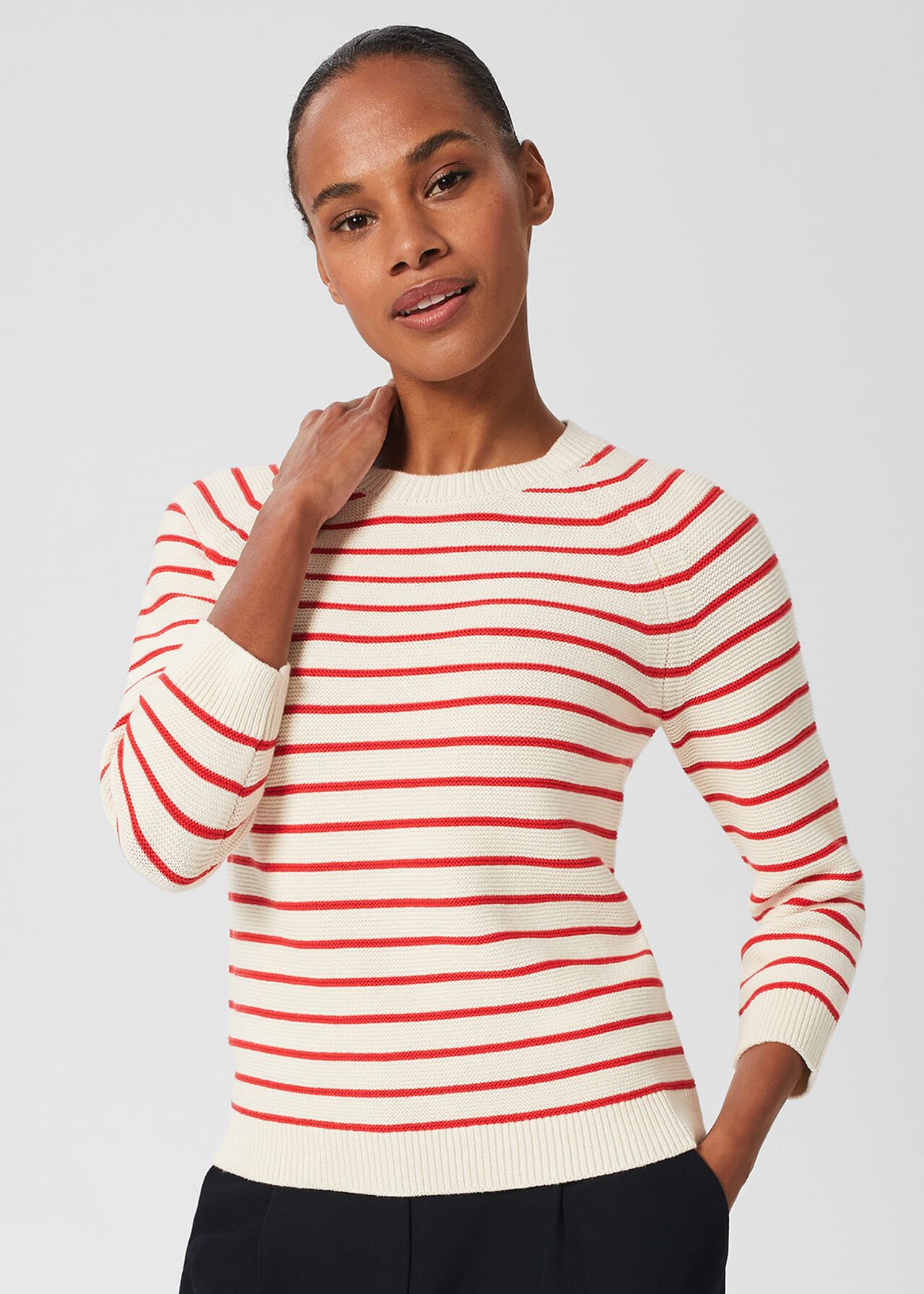 Abigail Cotton Stripe Jumper, Ivory Flame Red, hi-res