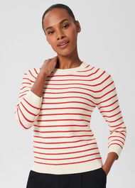 Abigail Cotton Stripe Jumper, Ivory Flame Red, hi-res