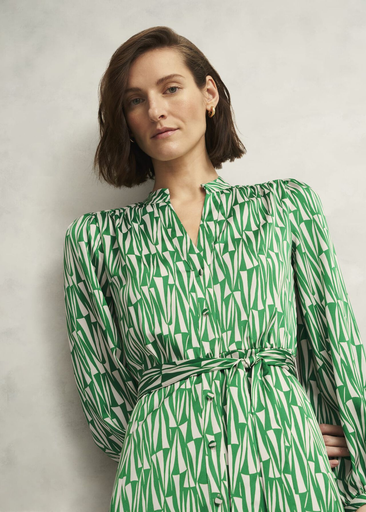 Deanery Midi Shirt Dress, Green Cream, hi-res