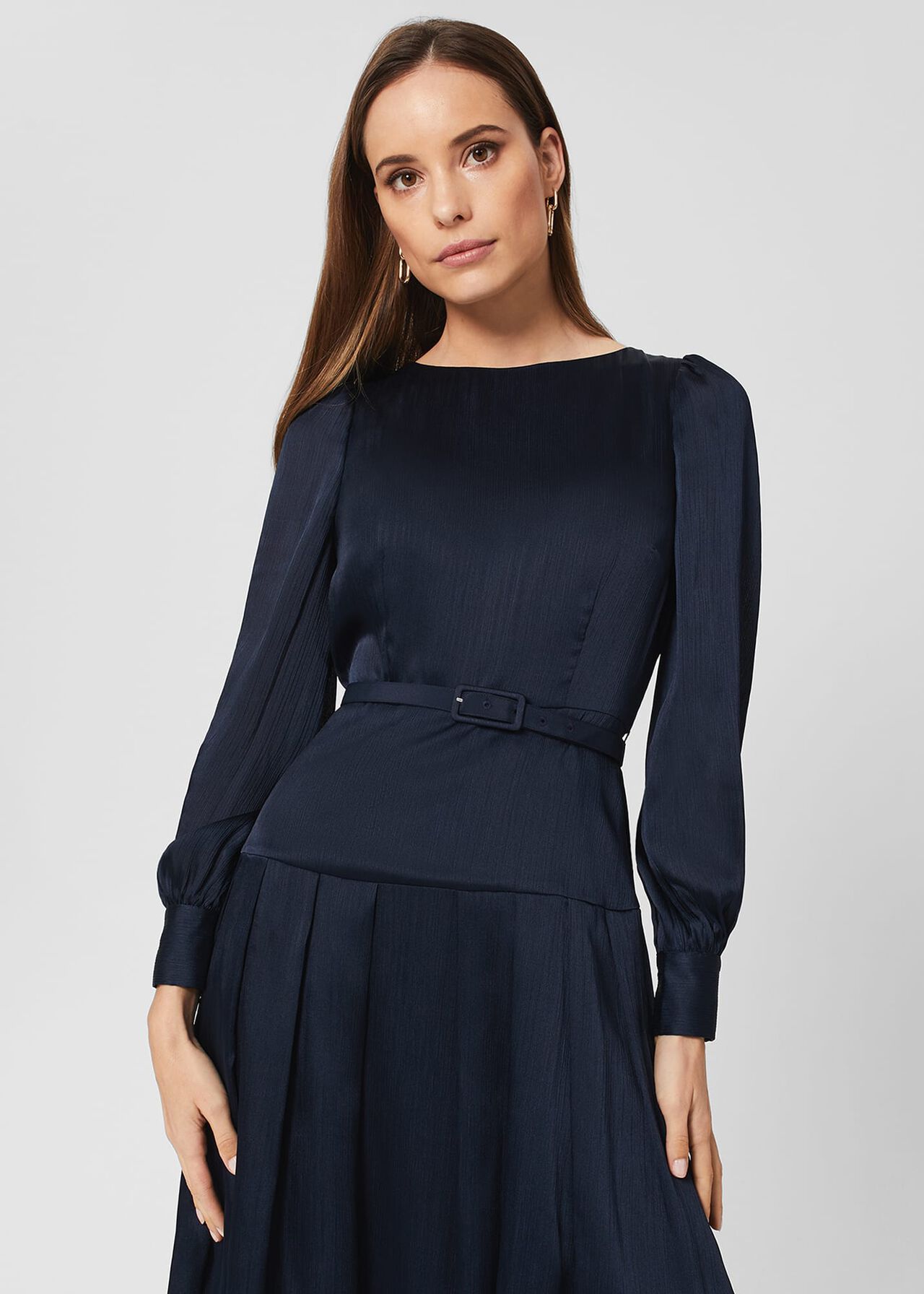 Isabella Satin Pleated Dress, Navy, hi-res