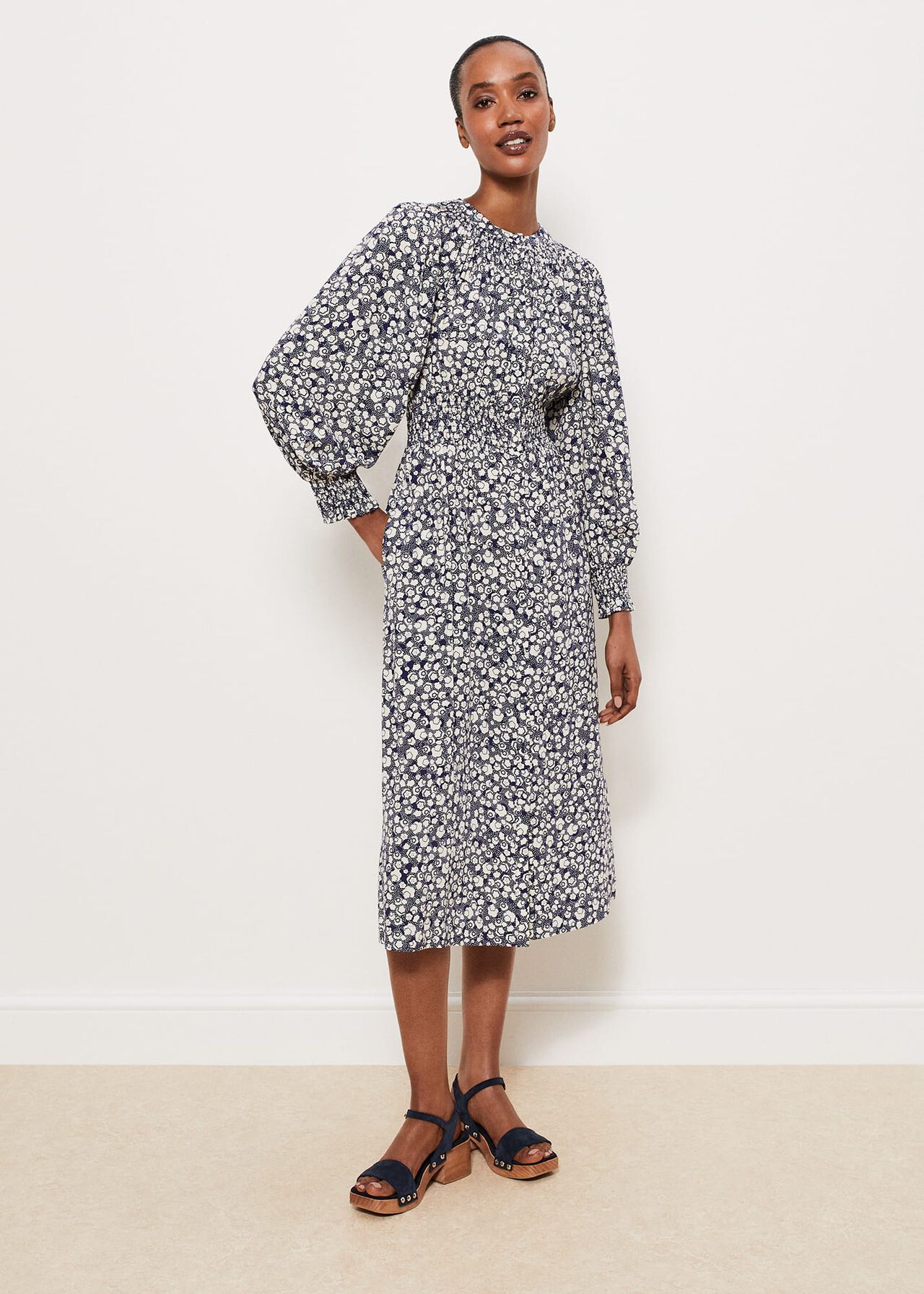 Fenton Dress, Navy Buttrcream, hi-res