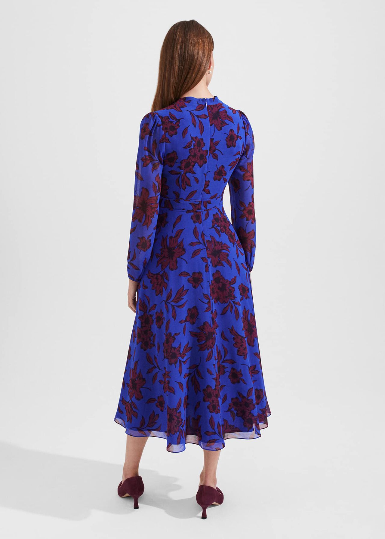 Petite Aurora Fit and Flare Printed Dress, Blue Burgundy, hi-res