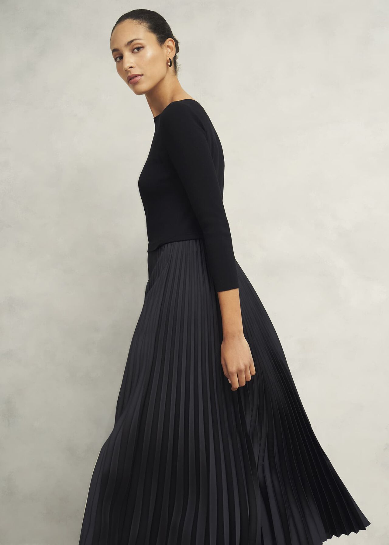 Lucinda Satin Pleated Knitted Dress, Black, hi-res