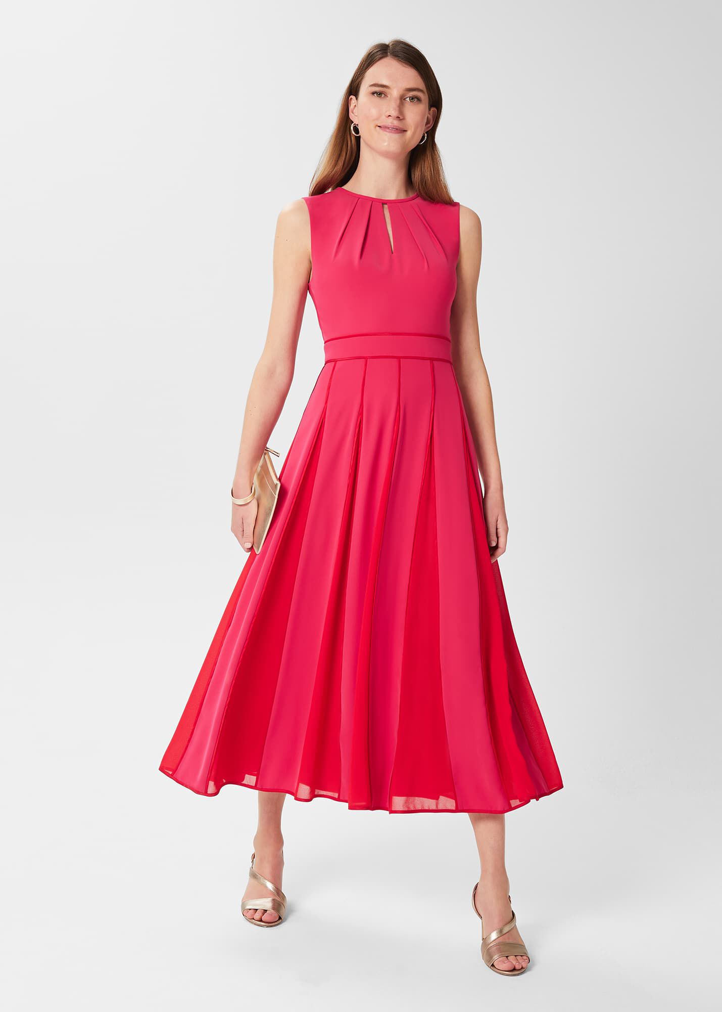 Raspberry Pink Puff Sleeve Pleated Fit & Flare Dress